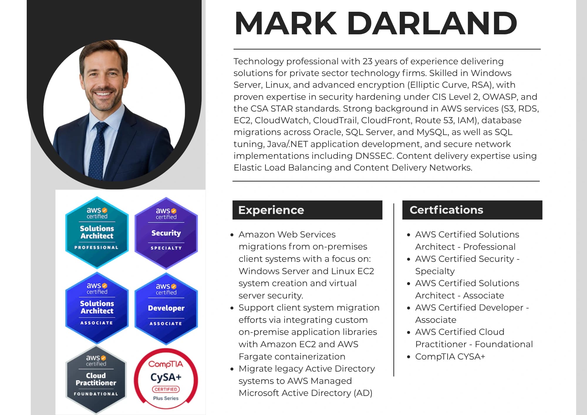Mark Darland computer systems hardening and security professional resume detailing AWS certifications, experience, and skills
